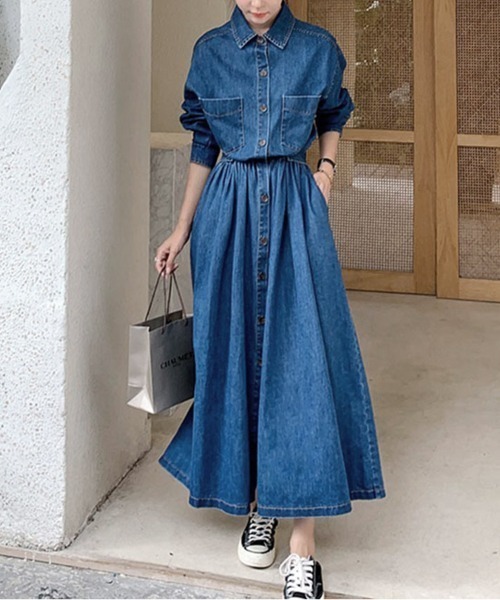 ロイスクレヨン　デニムシャツワンピース　マキシ丈　長袖　ウエスト切替 セール】ウエストマークデニムシャツロングワンピース（シャツ