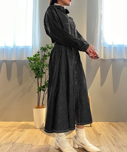 セール】ウエストマークデニムシャツロングワンピース（シャツ