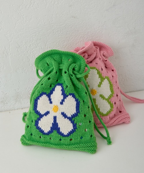 CIAOPANIC TYPY(チャオパニックティピー)の「【2025年S/S新作】【KIDS】アソート柄ニット巾着BAG(ハンドバッグ・キッズ・ピンク/グリーン/グレー/ブラック・ONE SIZE)」の3枚目の写真