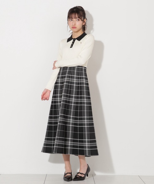 セール】◇ポロシャツ切り替えチェックニットワンピース（ワンピース