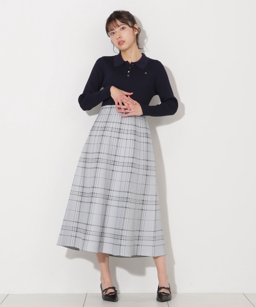 チェック柄 半袖ポロニットワンピース ポロ襟アーガイル柄ニット