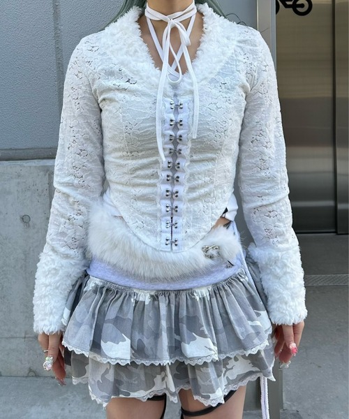 XU（エックスユー）の「【Never mind the XU】front hook lace cardigan / 【ネバーマインド ザ エックスユー】フロントフックレース長袖カーディガン（カーディガン/ボレロ・レディース・ホワイト/ブラック・ONE SIZE）」の14枚目の写真