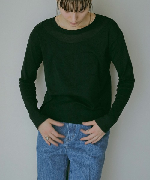 MANOF　シースルーレイヤードトップス　黒　マノフ　カットソー　Tシャツ セール】LAYERED THERMAL KNIT TOPS（Tシャツ/カットソー