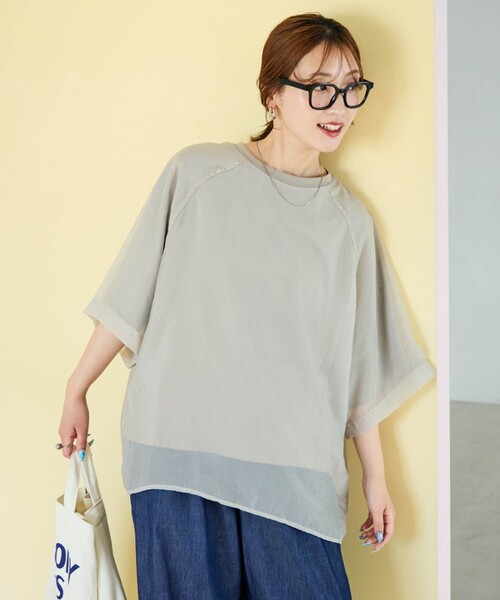 FREAK'S STORE(フリークスストア)の「限定展開 オーガンジー×カットソー 重ね ラグラン 半袖 Tシャツ(Tシャツ/カットソー・レディース・ブラック/ブルーグレー/オフホワイト/ナチュラル/ベージュ/ネイビー/コーラルピンク/ライトグリーン/ピンク・フリ-)」の4枚目の写真