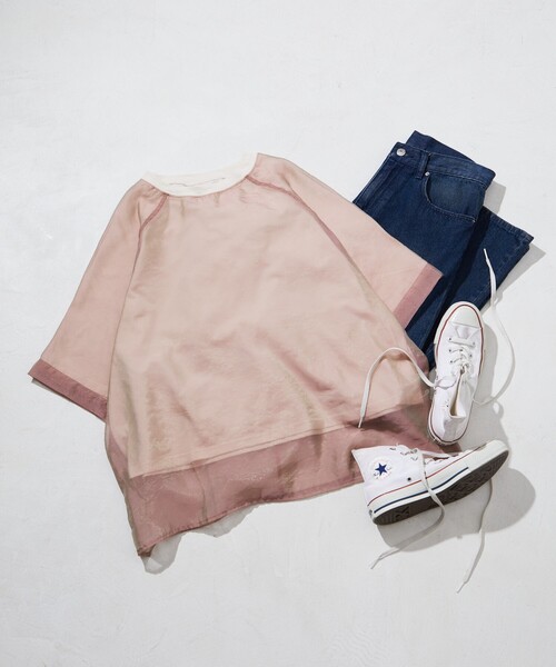 FREAK'S STORE(フリークスストア)の「限定展開 オーガンジー×カットソー 重ね ラグラン 半袖 Tシャツ(Tシャツ/カットソー・レディース・ブラック/ブルーグレー/オフホワイト/ナチュラル/ベージュ/ネイビー/コーラルピンク/ライトグリーン/ピンク・フリ-)」の8枚目の写真