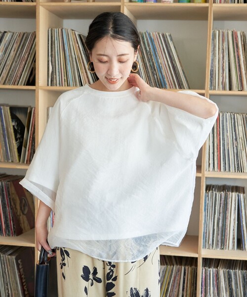 FREAK'S STORE(フリークスストア)の「限定展開 オーガンジー×カットソー 重ね ラグラン 半袖 Tシャツ(Tシャツ/カットソー・レディース・ブラック/ブルーグレー/オフホワイト/ナチュラル/ベージュ/ネイビー/コーラルピンク/ライトグリーン/ピンク・フリ-)」の20枚目の写真