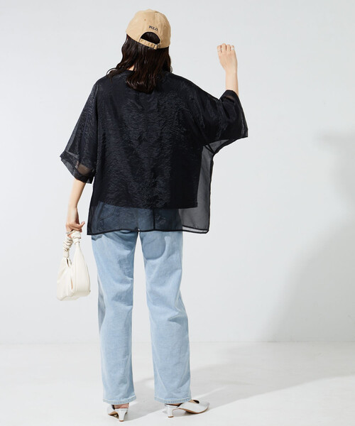 FREAK'S STORE（フリークスストア）の「限定展開　オーガンジー×カットソー 重ね ラグラン 半袖 Tシャツ（Tシャツ/カットソー・レディース・ブラック/ブルーグレー/オフホワイト/ナチュラル/ベージュ/ネイビー/コーラルピンク/ライトグリーン/ピンク・ﾌﾘ-）」の22枚目の写真