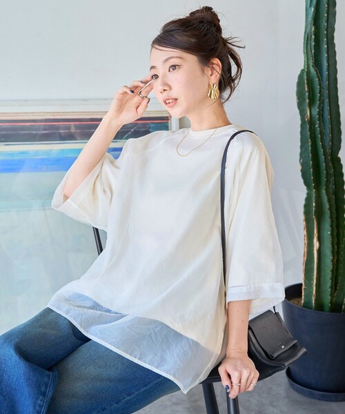 FREAK'S STORE(フリークスストア)の「限定展開 オーガンジー×カットソー 重ね ラグラン 半袖 Tシャツ(Tシャツ/カットソー・レディース・ブラック/ブルーグレー/オフホワイト/ナチュラル/ベージュ/ネイビー/コーラルピンク/ライトグリーン/ピンク・フリ-)」の5枚目の写真