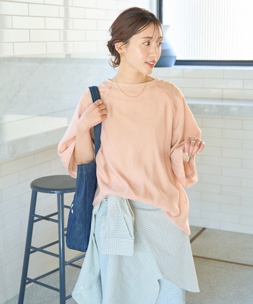 FREAK'S STORE(フリークスストア)の「限定展開 オーガンジー×カットソー 重ね ラグラン 半袖 Tシャツ(Tシャツ/カットソー・レディース・ブラック/ブルーグレー/オフホワイト/ナチュラル/ベージュ/ネイビー/コーラルピンク/ライトグリーン/ピンク・フリ-)」の13枚目の写真