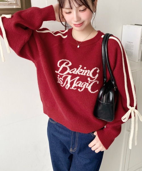 moment+(モーメントプラス)の「Wジャガードラインリボンロゴニットプルオーバー(ニット/セーター・レディース・杢グレー/ブラック/レッド/アイボリー/ネイビー・L/M)」の21枚目の写真