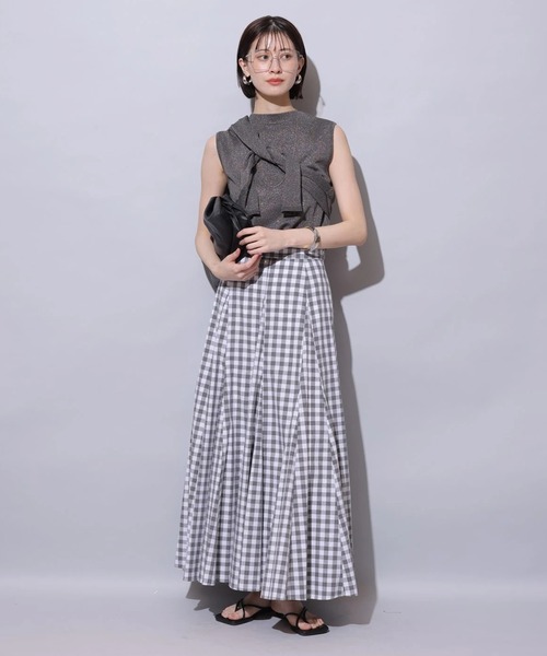 美品 Arpege story 麻混ギンガムスカート ライトグレー 0（麻混