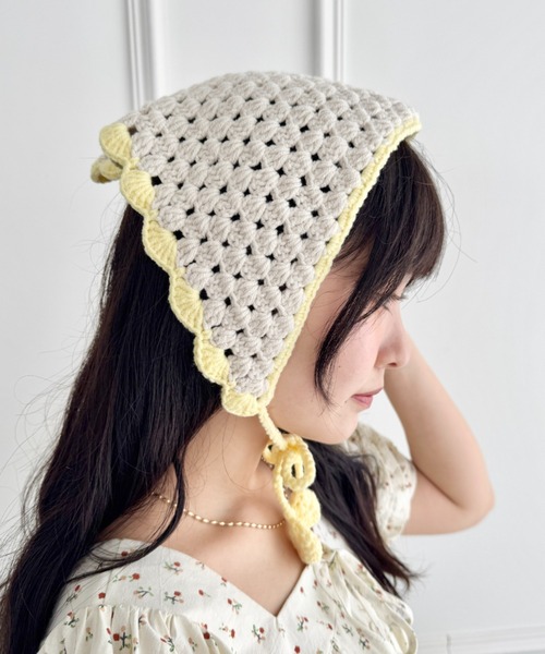 セール】クロシェ配色バブーシュカ（ニットキャップ/ビーニー