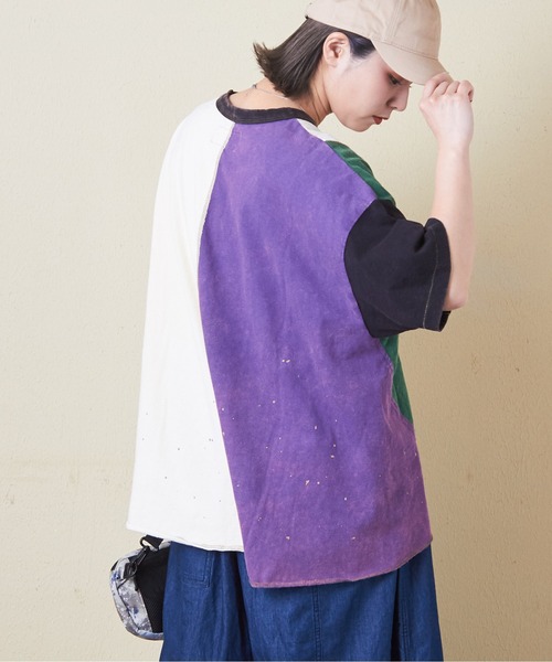 tシャツ CUBE SUGAR/キューブシュガー　トンプキン天竺 ケミカル加工 リメイク風切替Big TEE レディース CUBE SUGAR tシャツ トンプキン天竺ケミカル加工リメイク風