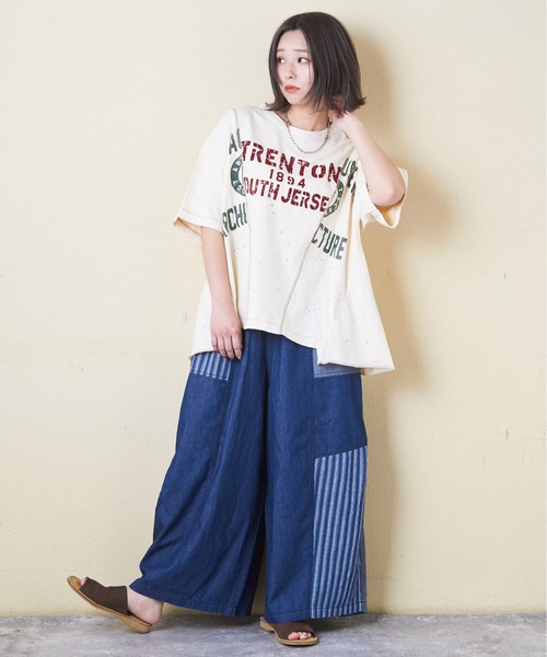 tシャツ CUBE SUGAR/キューブシュガー　トンプキン天竺 ケミカル加工 リメイク風切替Big TEE レディース トンプキン天竺 ケミカル加工 リメイク風 切替 ビッグTシャツ