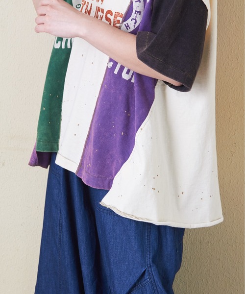 tシャツ CUBE SUGAR/キューブシュガー　トンプキン天竺 ケミカル加工 リメイク風切替Big TEE レディース トンプキン天竺 ケミカル加工 リメイク風 切替 ビッグTシャツ