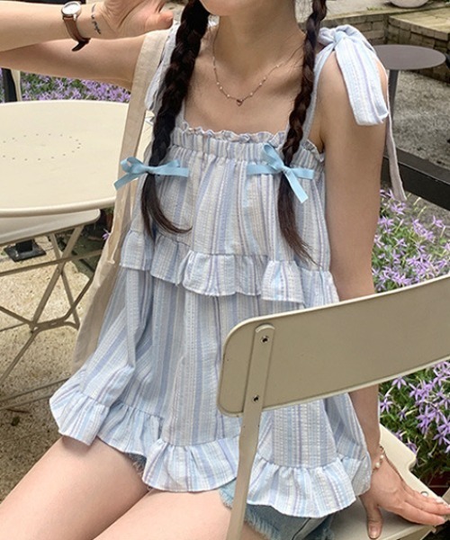 Mejoul(メジュール)の「マルチストライプ柄 肩リボン フリル ティアード ビスチェ(キャミソール・レディース・ピンク/ブルー・S/M/L)」の1枚目の写真