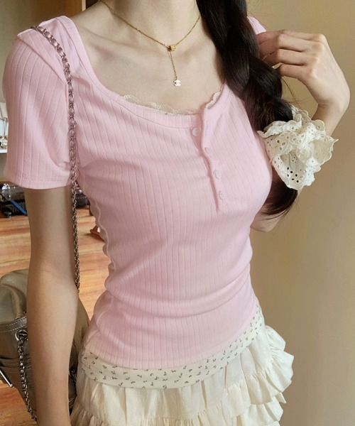 VIVID LADY(ビビッドレディー)の「レイヤード風 リブTシャツ 半袖(Tシャツ/カットソー・レディース・ピンク/ライトブルー/アイボリー・MEDIUM/SMALL)」の20枚目の写真