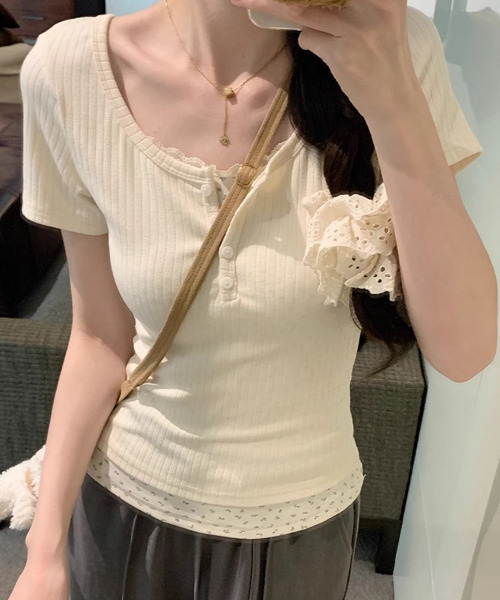 VIVID LADY(ビビッドレディー)の「レイヤード風 リブTシャツ 半袖(Tシャツ/カットソー・レディース・ピンク/ライトブルー/アイボリー・MEDIUM/SMALL)」の21枚目の写真