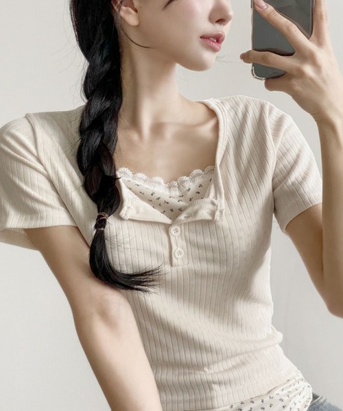 VIVID LADY(ビビッドレディー)の「レイヤード風 リブTシャツ 半袖(Tシャツ/カットソー・レディース・ピンク/ライトブルー/アイボリー・MEDIUM/SMALL)」の6枚目の写真
