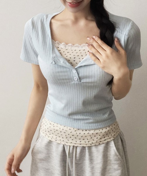 VIVID LADY(ビビッドレディー)の「レイヤード風 リブTシャツ 半袖(Tシャツ/カットソー・レディース・ピンク/ライトブルー/アイボリー・MEDIUM/SMALL)」の8枚目の写真