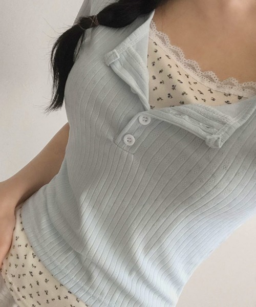 VIVID LADY(ビビッドレディー)の「レイヤード風 リブTシャツ 半袖(Tシャツ/カットソー・レディース・ピンク/ライトブルー/アイボリー・MEDIUM/SMALL)」の11枚目の写真
