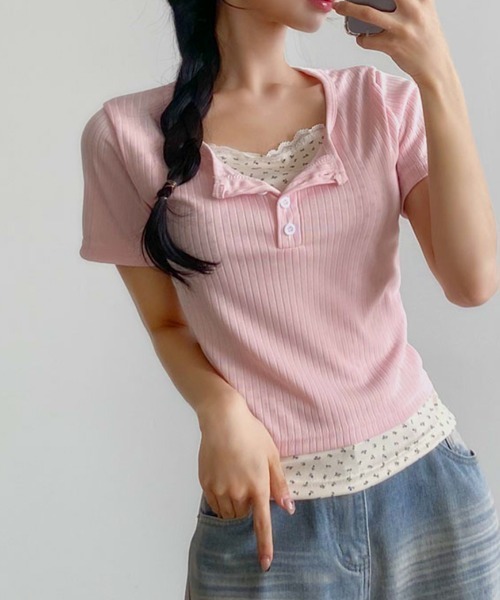 VIVID LADY(ビビッドレディー)の「レイヤード風 リブTシャツ 半袖(Tシャツ/カットソー・レディース・ピンク/ライトブルー/アイボリー・MEDIUM/SMALL)」の13枚目の写真