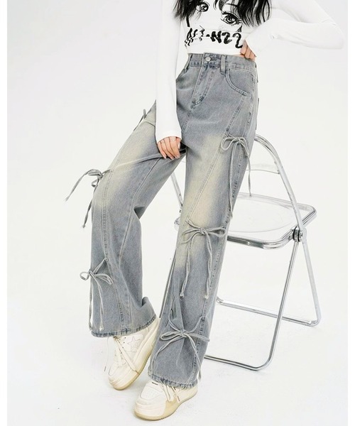 パンツ POPPY MANY RIBBON DENIM PANTS セール】サイド3リボンデニムパンツ（デニムパンツ