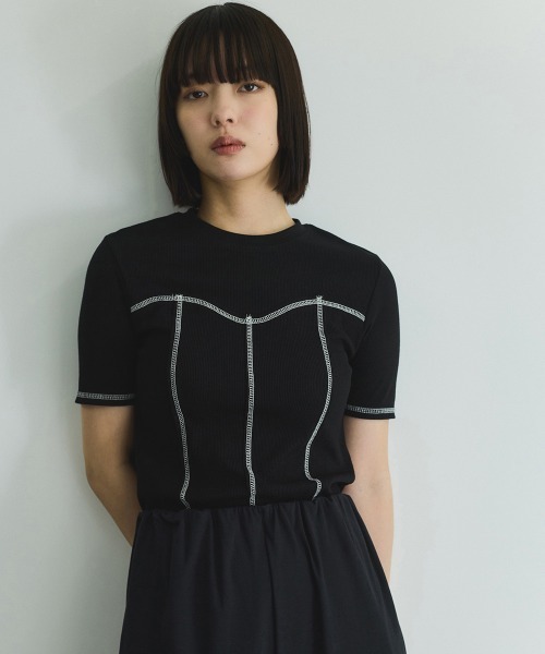 VICKY(ビッキー)の「カットリブハイショクステッチTシャツ≪手洗い可能≫(Tシャツ/カットソー・レディース・オフホワイト/ブラック・M)」の7枚目の写真