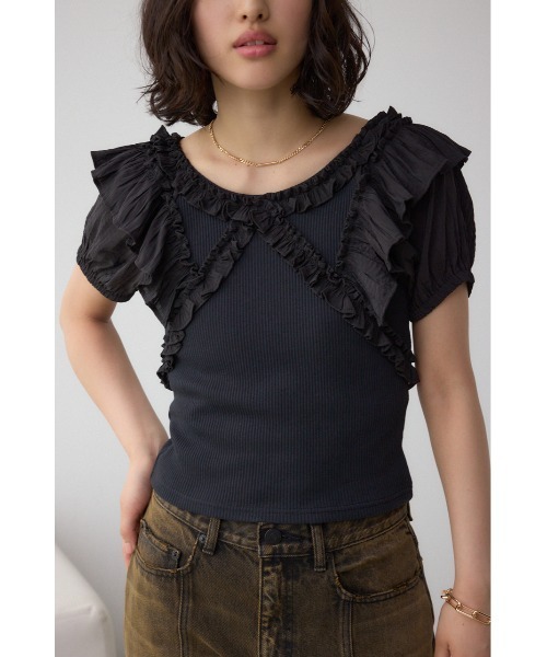 AZUL by moussy(アズールバイマウジー)の「コンビネーション2WAYフリルトップス(Tシャツ/カットソー・レディース・レッド/アイボリー/ブラック・FREE)」の15枚目の写真