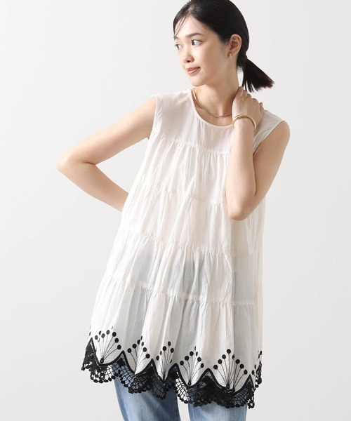 セール】スカラ刺繍ティアードノースリブラウス（シャツ