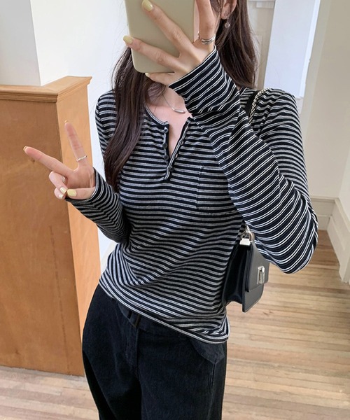 MEMECLE(メメクル)の「【 MEMECLE / メメクル 】ヘンリーネック ボーダーカットソー(Tシャツ/カットソー・レディース・アイボリー/ブラック・M/L/S)」の4枚目の写真