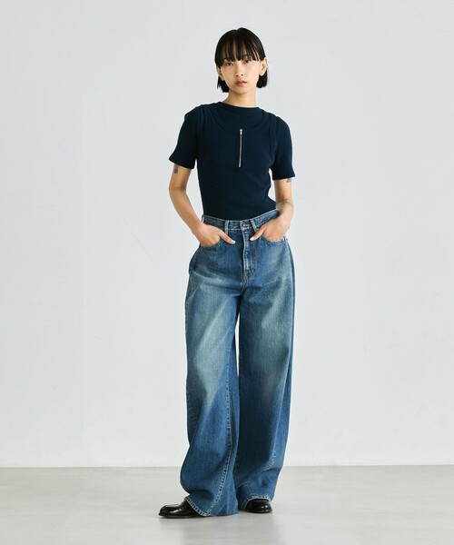 EDITION(エディション)の「シルクネップ ハーフスリーブトップス(Tシャツ/カットソー・レディース・ライトベージュ/ネイビー・FREE)」の3枚目の写真