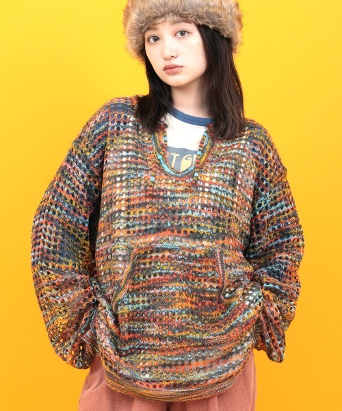 チチカカ（チチカカ）の「Orale！ モヘアタッチアノラックメッシュニットプルオーバー（ニット/セーター・レディース・グリーン/グレー/カラフル・FREE）」の3枚目の写真