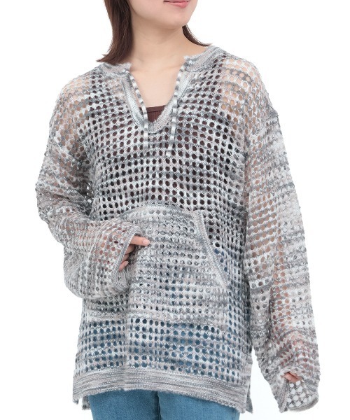 チチカカ（チチカカ）の「Orale！ モヘアタッチアノラックメッシュニットプルオーバー（ニット/セーター・レディース・グリーン/グレー/カラフル・FREE）」の4枚目の写真