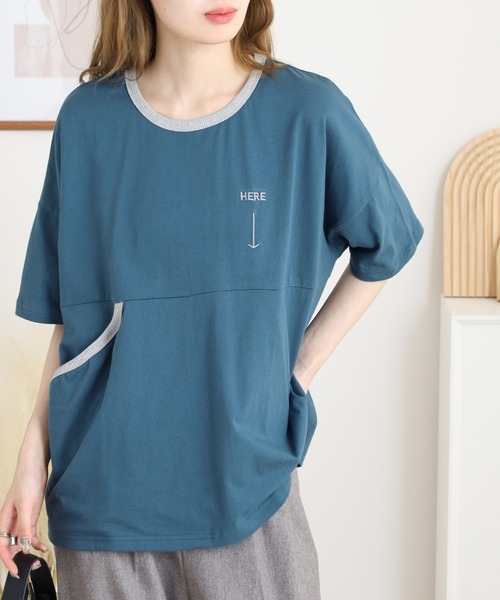 Emago（イマゴ）の「EMAGO ポケット探し刺繍Ｔ（Tシャツ/カットソー・レディース・ネイビー/ブラック/アイボリー・FREE）」の16枚目の写真