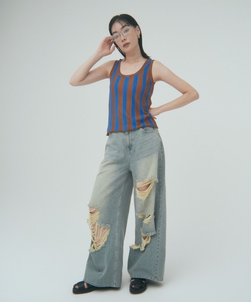 YOOU(ユー)の「ストライプニット/デザインタンクトップ × ノースリーブニット(ニット/セーター・レディース・ブルー/ブラウン/ホワイト・FREE)」の15枚目の写真