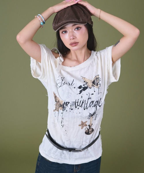 dispark(ディスパーク)の「DISPARK/バタフライダメージショルダ-T(Tシャツ/カットソー・レディース・ベージュ/オフホワイト・FREE)」の1枚目の写真
