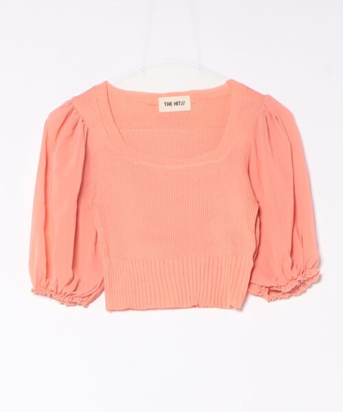 THE HITSS(ヒッツ)の「袖 シフォン スクエアネック リブニット 半袖 クロップド丈 トップス(Tシャツ/カットソー・レディース・ホワイト/ブラック/オレンジ・FREE)」の19枚目の写真