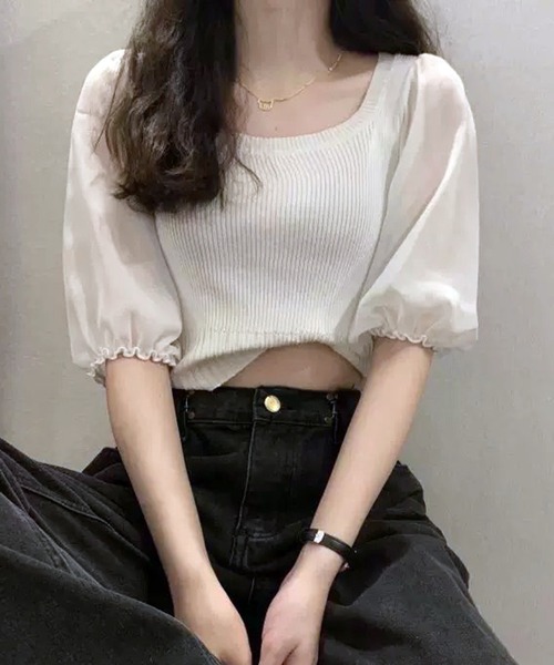 THE HITSS(ヒッツ)の「袖 シフォン スクエアネック リブニット 半袖 クロップド丈 トップス(Tシャツ/カットソー・レディース・ホワイト/ブラック/オレンジ・FREE)」の4枚目の写真
