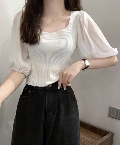 THE HITSS(ヒッツ)の「袖 シフォン スクエアネック リブニット 半袖 クロップド丈 トップス(Tシャツ/カットソー・レディース・ホワイト/ブラック/オレンジ・FREE)」の5枚目の写真
