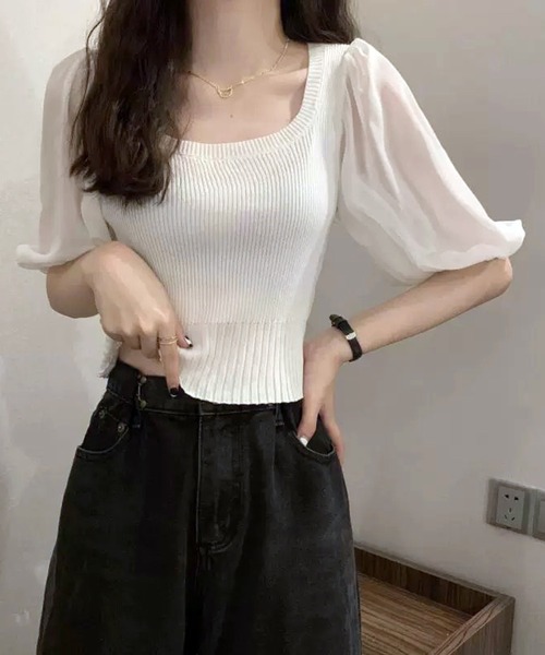 THE HITSS(ヒッツ)の「袖 シフォン スクエアネック リブニット 半袖 クロップド丈 トップス(Tシャツ/カットソー・レディース・ホワイト/ブラック/オレンジ・FREE)」の6枚目の写真