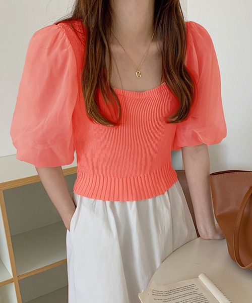 THE HITSS(ヒッツ)の「袖 シフォン スクエアネック リブニット 半袖 クロップド丈 トップス(Tシャツ/カットソー・レディース・ホワイト/ブラック/オレンジ・FREE)」の9枚目の写真
