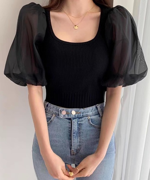 THE HITSS(ヒッツ)の「袖 シフォン スクエアネック リブニット 半袖 クロップド丈 トップス(Tシャツ/カットソー・レディース・ホワイト/ブラック/オレンジ・FREE)」の14枚目の写真