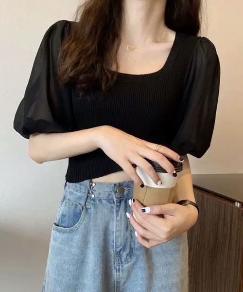THE HITSS(ヒッツ)の「袖 シフォン スクエアネック リブニット 半袖 クロップド丈 トップス(Tシャツ/カットソー・レディース・ホワイト/ブラック/オレンジ・FREE)」の10枚目の写真