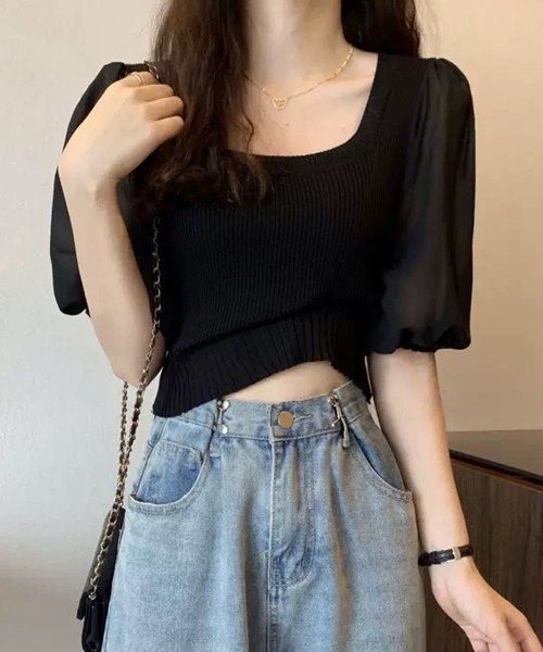 THE HITSS(ヒッツ)の「袖 シフォン スクエアネック リブニット 半袖 クロップド丈 トップス(Tシャツ/カットソー・レディース・ホワイト/ブラック/オレンジ・FREE)」の12枚目の写真