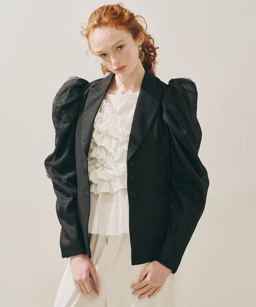 セール】パワーパフショルダージャケット（ノーカラージャケット