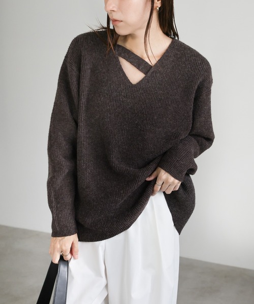 セール】アシンメトリーVネックニットトップス（ニット/セーター