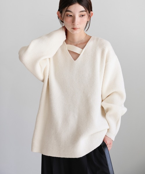 セール】アシンメトリーVネックニットトップス（ニット/セーター