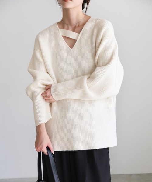 セール】アシンメトリーVネックニットトップス（ニット/セーター
