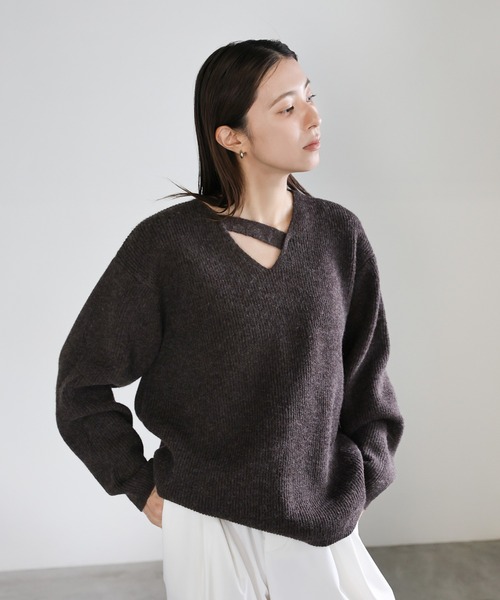 Y'sアシンメトリー透かし模様薄手ウールセーター Y'sアシンメトリー